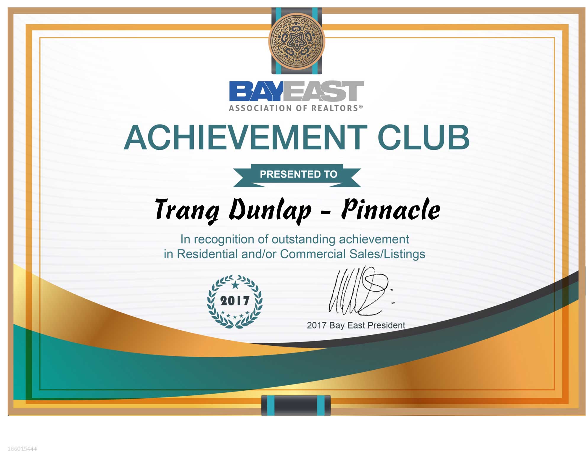 2017 trang dunlap bayeast realtor pinnacle award for selling over 20 million dollars in sales