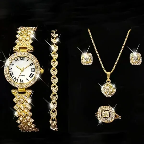 Fashion Luxury Full Crystal 5 Pcs Watch Necklace Earrings Ring Set for Women Rhinestone Wristwatch Female Bracelet Set Gift - Image 4