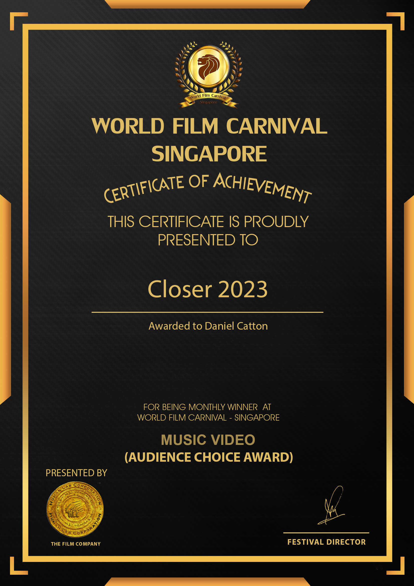 MUSIC VIDEO AUDIENCE CHOICE - World Film Carnival Singapore - 2023 CERTIFICATE