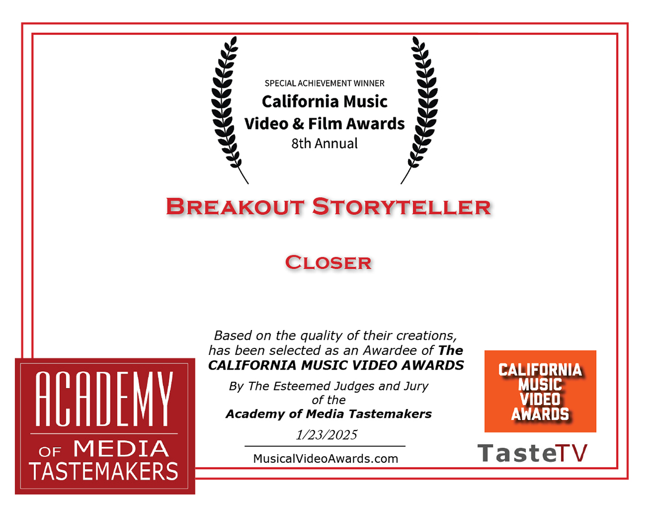 BREAKOUT STORYTELLER - California Music Video Film Awards - 2025