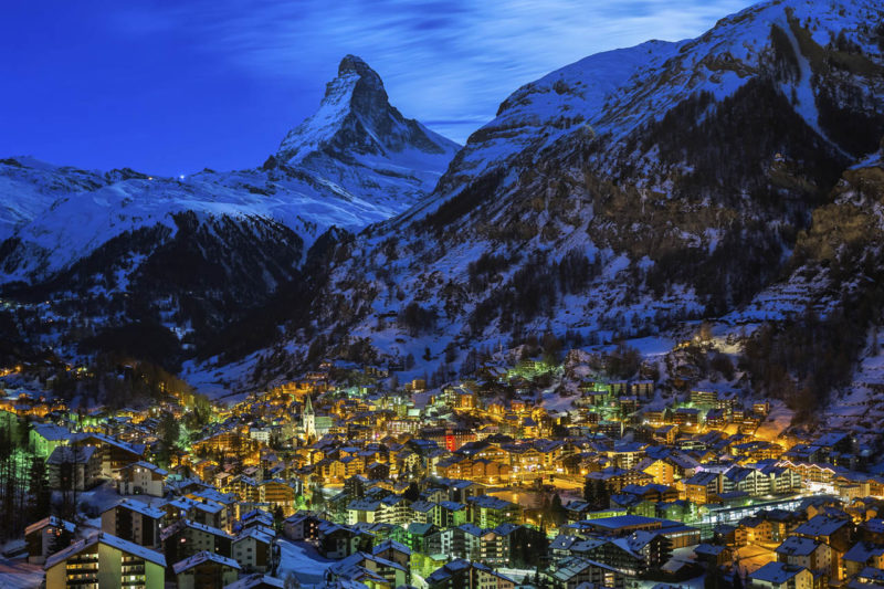 Aerial View on Zermatt Valley and Matterhorn Peak at Dawn, Switzerland