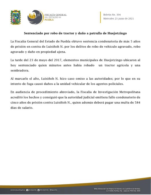 Sentenciado por robo de tractor y daño a patrulla de Huejotzingo.