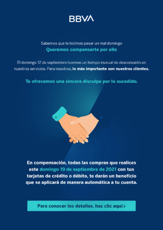 BBVA ofrecerá compensaciones a usuarios por fallas en sus servicios el pasado domingo.