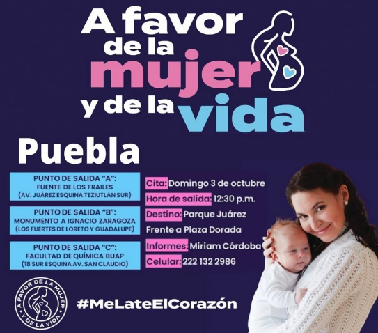 Obispos de Puebla invitan a participar en marcha "Por la Mujer y por la Vida" este domingo.