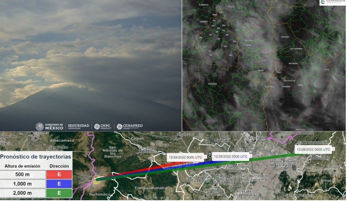 Pronóstico de trayectoria de emisiones del Popocatépetl pasará por Amozoc.