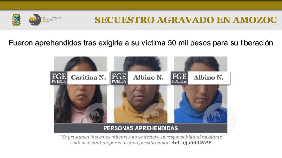 Detienen a 3 personas por secuestro en Amozoc.