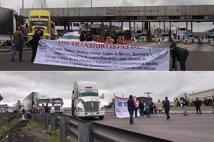 Transportistas Unidos bloquean la pista Puebla-Veracruz en la caseta de Amozoc