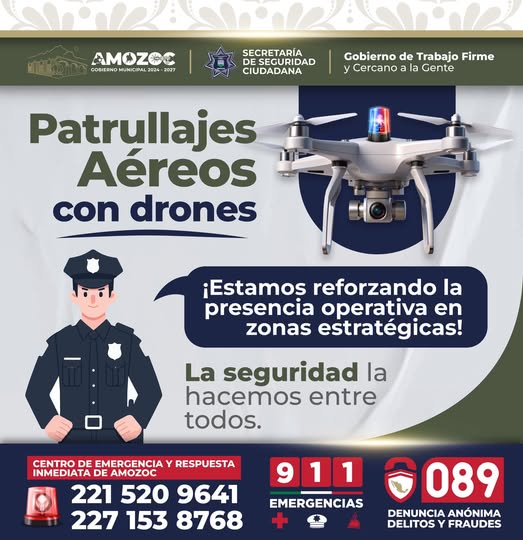 Refuerzan seguridad con patrullaje aéreo de drones en Amozoc 🚁