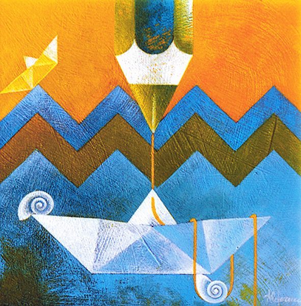Sulla barca bianca_acrilico su tavola cm.30 x 30