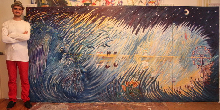 07 Childhood in the wool Blue Dog. Oil on canas. 2013 NYC. 144 by 70 inches(four canvases 36 by 70 inches). 365?177 cm.
