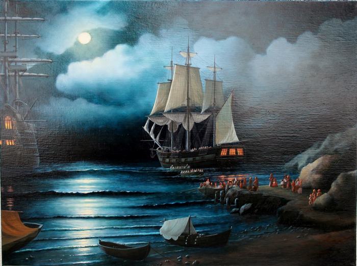 Passenger boarding ship at night