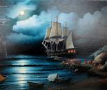 Passenger boarding ship at night