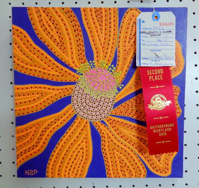 My acrylic on canvas, 12"X12 painting "Dayglow Flower" won Second Place at the Montgomery County Agricultural Fair 2016; August 12 - 20, Gaithersburg, MD
