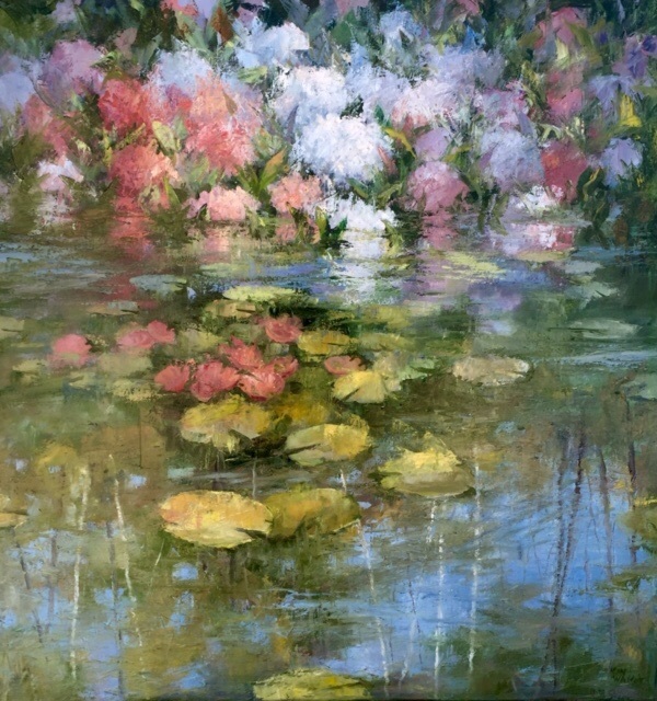 Hydrangeas on Pond. Oil. 40x40