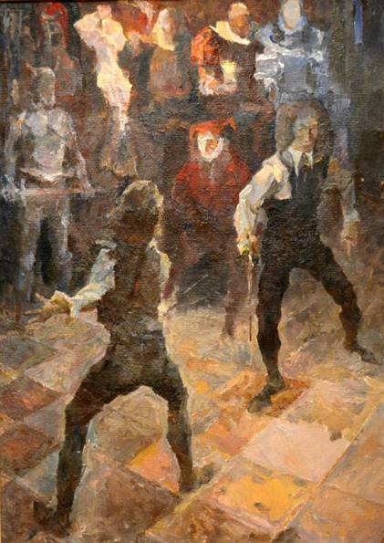 Duel. Hamlet. Oil Cardboard 69 \ 49. 1986