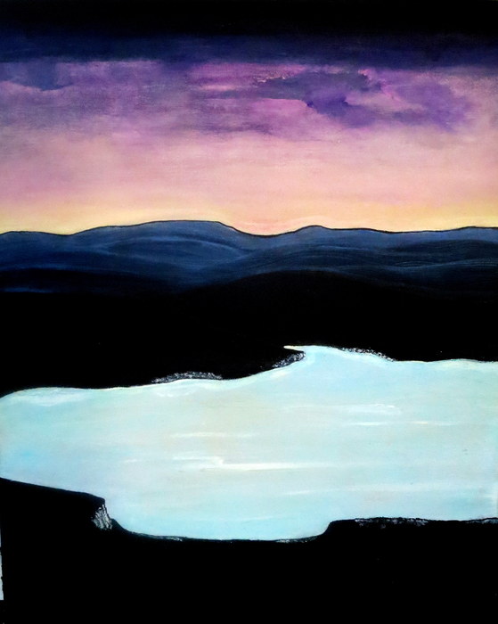Twylight on the lake. Acrylic 70H/60L cm, 2cm. A unique moment of the day when colours start loosing their usual hue. 