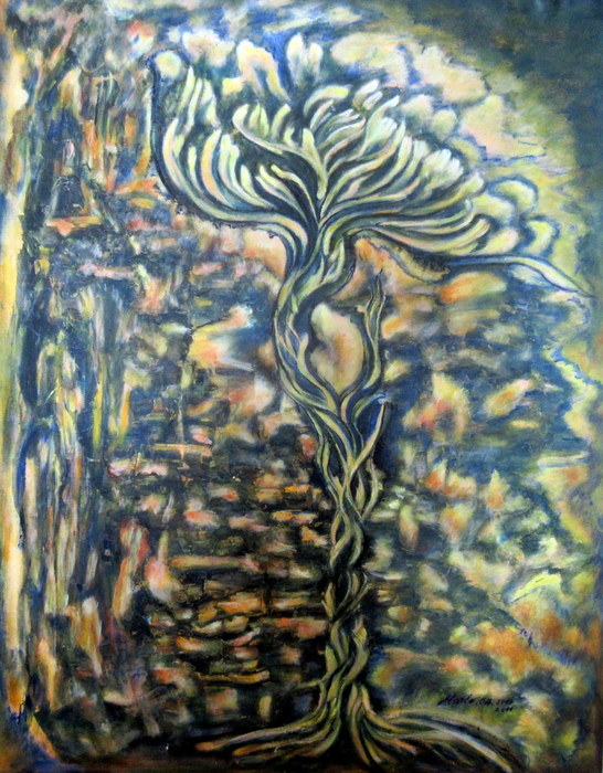 The wild flower, Oil and acrylic on canvas, 90 x 60 cm. It represents our mountain flowers who need to be protected