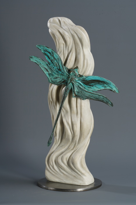 "Dragonfly by the stream", (from the "India" cycle) bronze, marble, steel, 49x28x19 