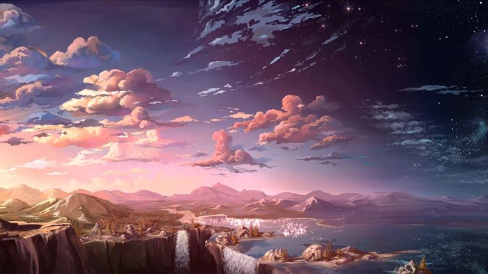 Vast sea art painting with waterfall