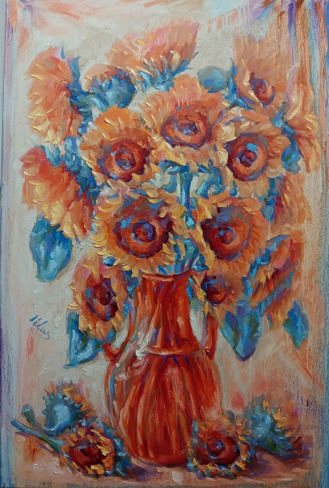 Bouquet of Sunflowers in an orange vase 