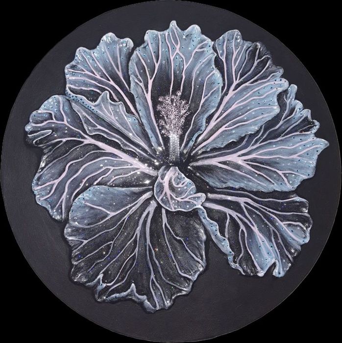 Olga Cogan, Texture, acrylic, epoxy and crystal stones on canvas, diameter 40 cm,