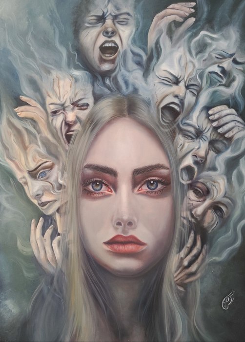 Name: Narges pirmoradian/ Title: The Struggle Between Me and Myself/ Dimensions:73×53cm/ Technique: Oil Painting/ Year: 2025/ Price: 200$ $