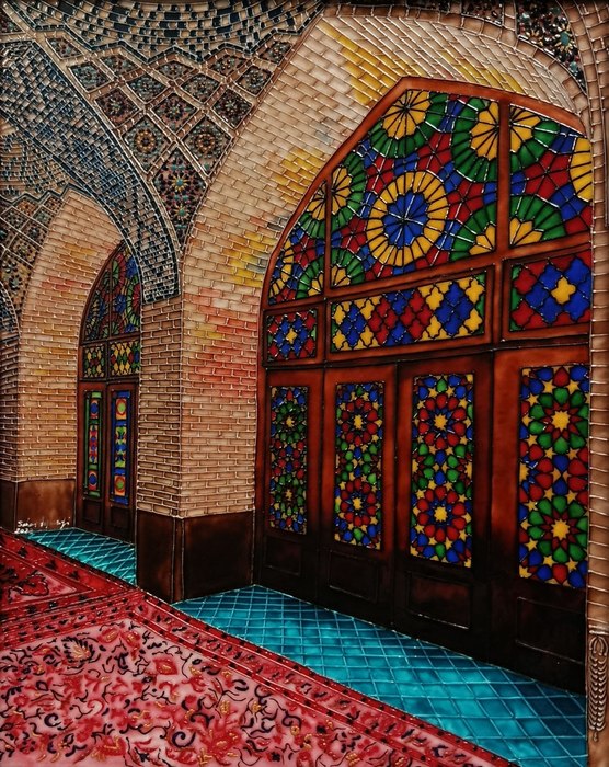 Name: Sahar Haghanegi/ Title: Nasir al-Mulk Mosque,Shiraz/ Dimensions: 40×50 cm/ Technique: Vitrail,Glass Painting/ Year: 2023/ Price: Personal Archive
