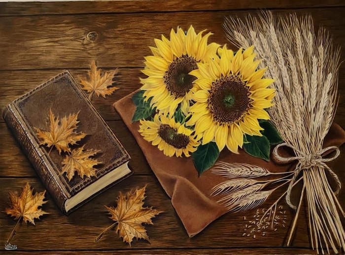 Name:  Fatemeh Rahmani/ Title: A story of autumn, from leaf to seed/ Dimensions: 60×44cm/ Technique: Colored Pencil/ Year: 2026/ Price: 600$