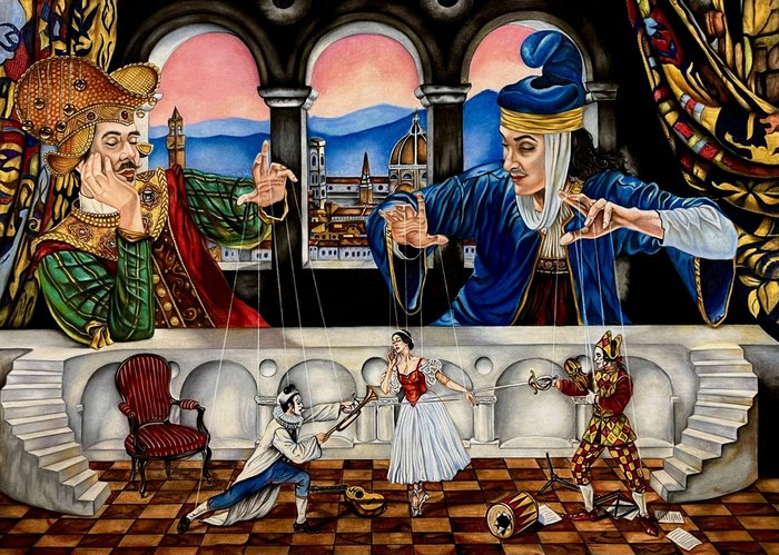 Name: Ghazal Badizadehgan/ Title: The Silent Puppeteers (Personal recreation based on an artwork by Micheal Cheval)/ Dimensions: 50*70cm/ Technique: Colored pencil on velvet paper/ Year: 2026/ Price: Price upon request