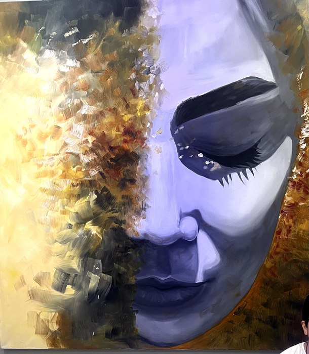 Name: Mahsa Daroughe/ Title: Mahsa's Silence/ Dimensions: 1.50×1.50meter/ Technique: Oil Colour/ Year: 2026/ Price: 4000$