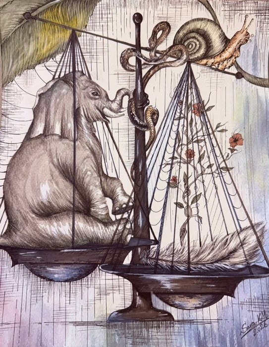 Name: Sara Kashani Movahed/ Title: Infinite Measure/ Dimensions: 24*30cm/ Technique: Marker, watercolor, and fine liner on cardboard/ Year: 2026/ Price: 200$