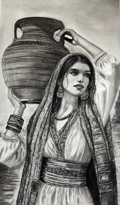 Name: Maryam Noroozi/ Title: Girl carrying a water jug/ Dimensions: a3/ Technique: Black Pencil Drawing/ Year: 2026/ Price: 150$