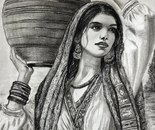 Name: Maryam Noroozi/ Title: Girl carrying a water jug/ Dimensions: a3/ Technique: Black Pencil Drawing/ Year: 2026/ Price: 150$