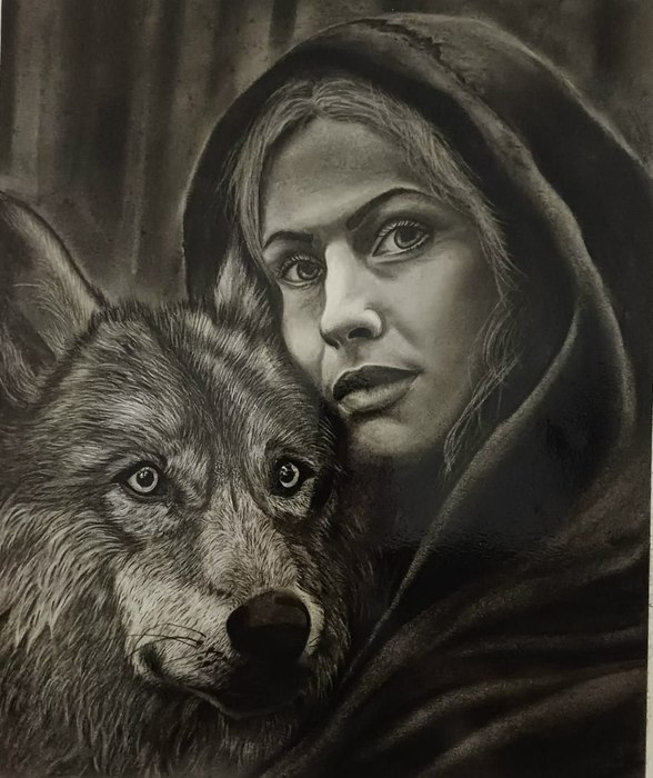 Name: Batool Nouri Auladi/ Title: Wolf's Companion/ Dimensions: 30*40/ Technique: Charcoal/ year: 2024/ Price: $25