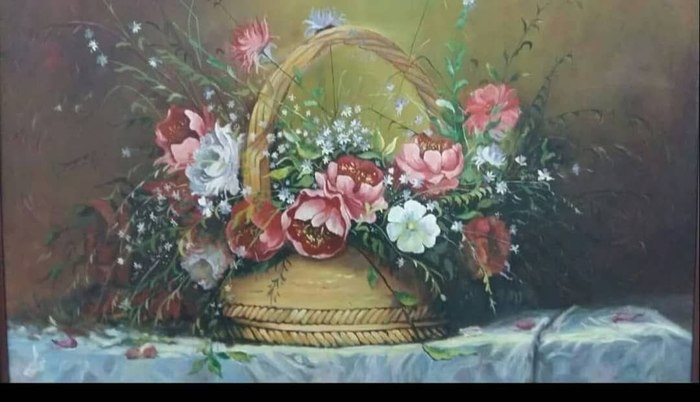 Name: Zeynab Gharibzadeh/ Title: Flower basket/ Dimensions: 60×80/ Technique: Oil paint/ Year:2015/ Price: 500$