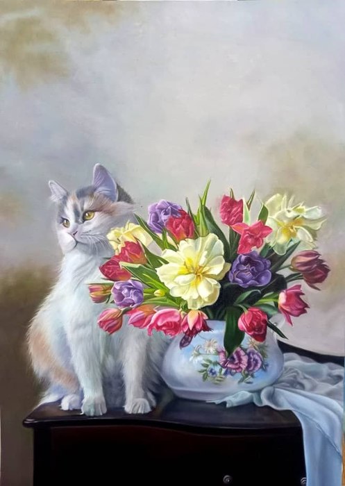 Name: Elham Shahriyari/ Ttile: Busia and the Vase/  Dimensions: 50×70cm/ Technique: Oil on canvas/ Year: 2026/ Price: 500$