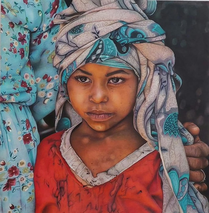 Name: Khatoon Yaghoubkhani/ Title: The secret of gaze/ Dimensions: 50×50/ Technique: color pencil/ Year: 2025/ Price: 650$