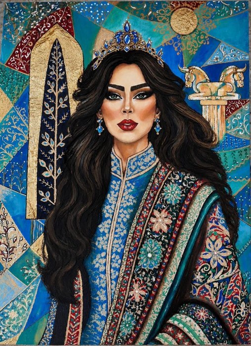 Name: Leila Farrahi/ Title: persian princess/ Dimensions: 50×70/ Technique: oil on canvas with gold leaf/ Year: 2026/ Price: 390$