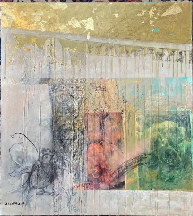 Dalia Bursztyn, Mixed media, oil collage and drawing on canvas, 80 by 77 cm