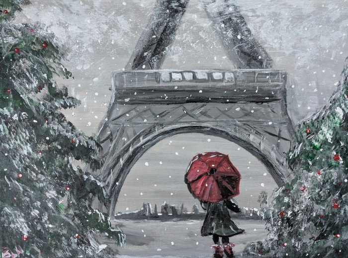 Red Umbrella in Winter Paris by Laura Bernardeschi Nelson 