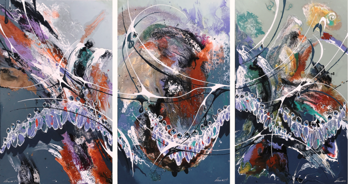 Yalli-dance of drops in the Universe.(triptych).130X240.canvas.acrilic.2024.