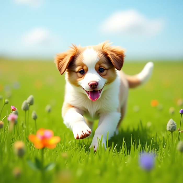 Playful Puppy in Blooming Field  