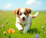  Playful Puppy in Blooming Field  
