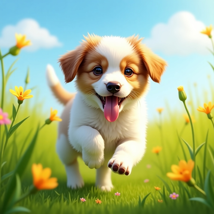 Happy Running Puppy with Flowers  