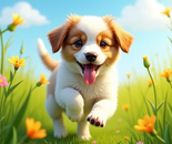 Happy Running Puppy with Flowers  
