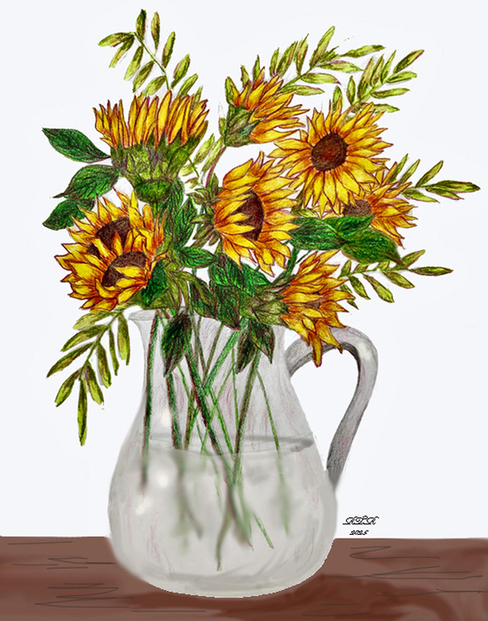 sunflowers in glass pitcher
