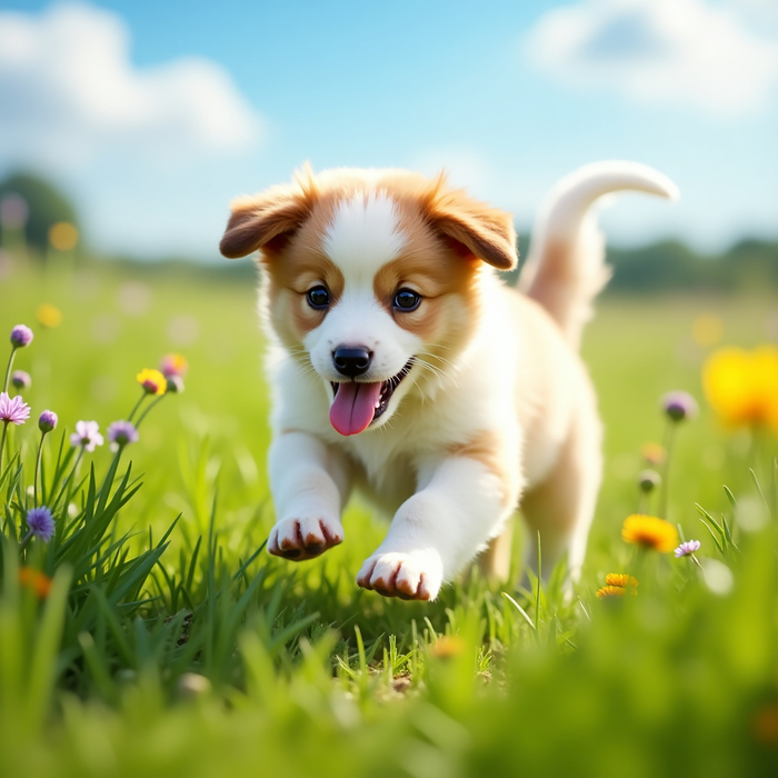 Joyful Puppy Running in Meadow  