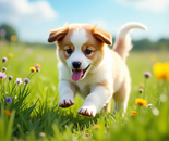 Joyful Puppy Running in Meadow  