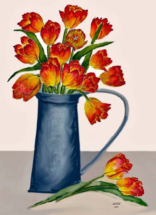 Tulips in metal pitcher