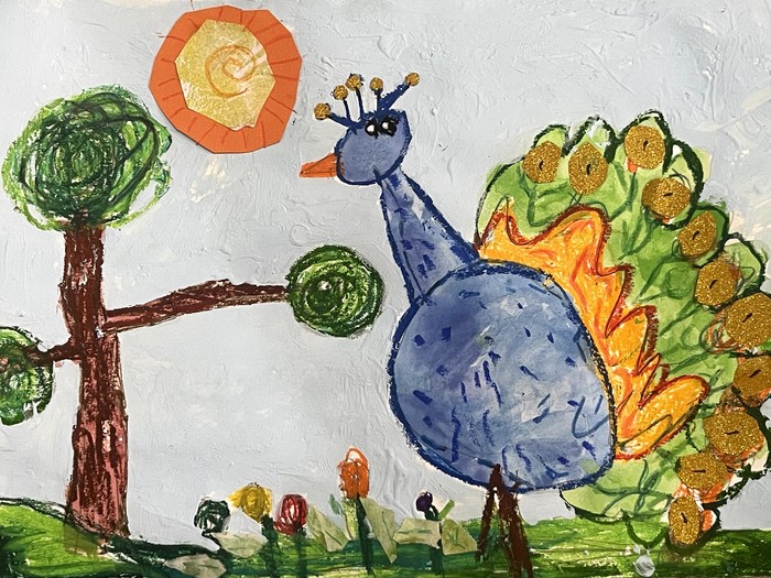 The Blue Bird in the Garden of Imagination / Noursan Naderi / 35 × 25 cm / 2026–2027 / Mixed Media Collage and Textured Painting on Paper / $350